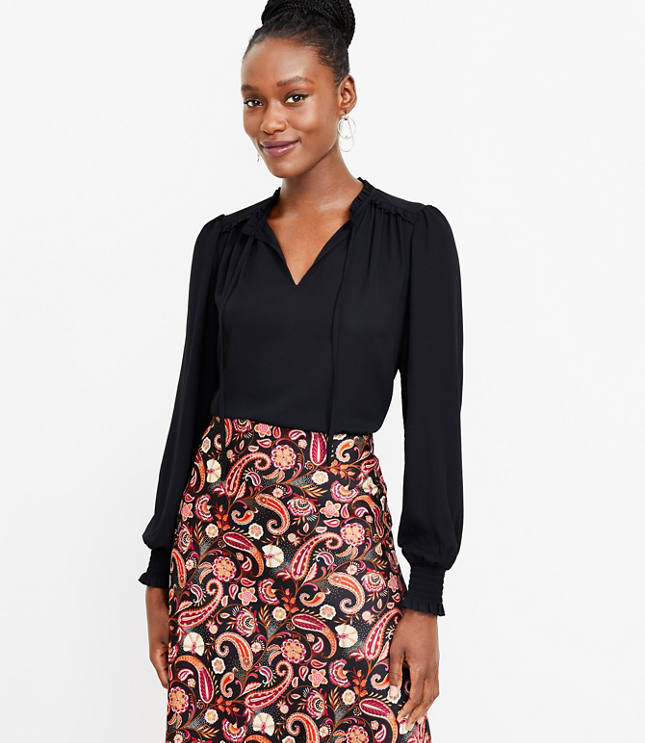 Smocked Cuff Tie Neck Mixed Media Blouse