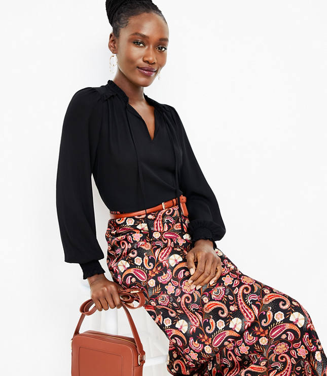 Smocked Cuff Tie Neck Mixed Media Blouse