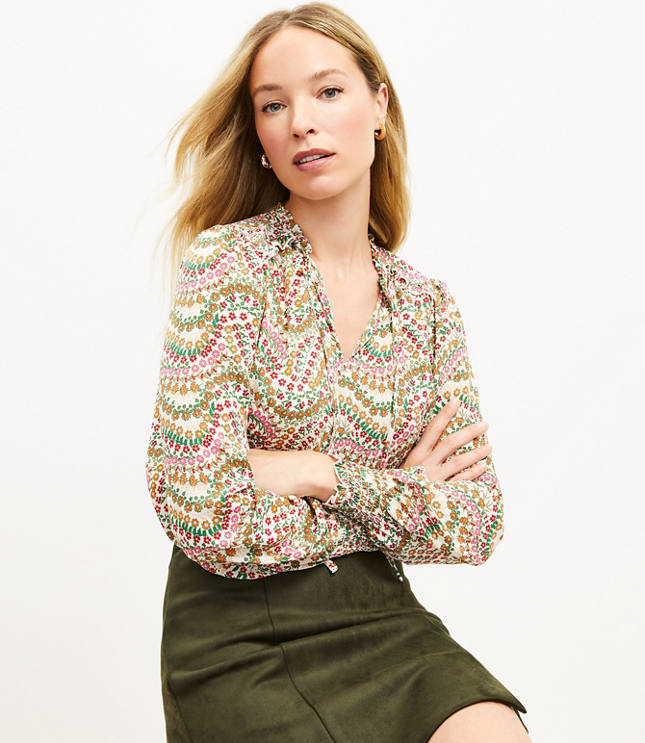 Garden Smocked Cuff Tie Neck Mixed Media Blouse