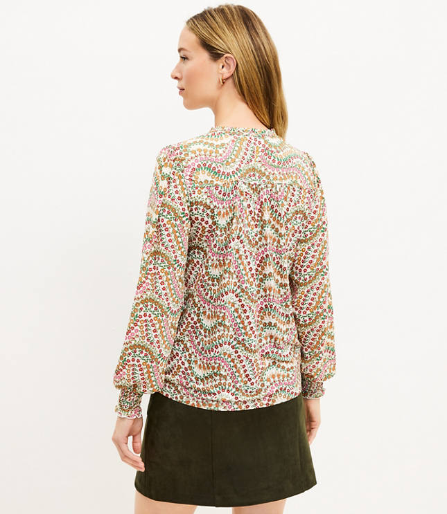 Garden Smocked Cuff Tie Neck Mixed Media Blouse