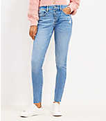 Petite Button Front High Rise Skinny Jeans in Destructed Mid Wash carousel Product Image 1
