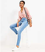 Petite Button Front High Rise Skinny Jeans in Destructed Mid Wash carousel Product Image 2