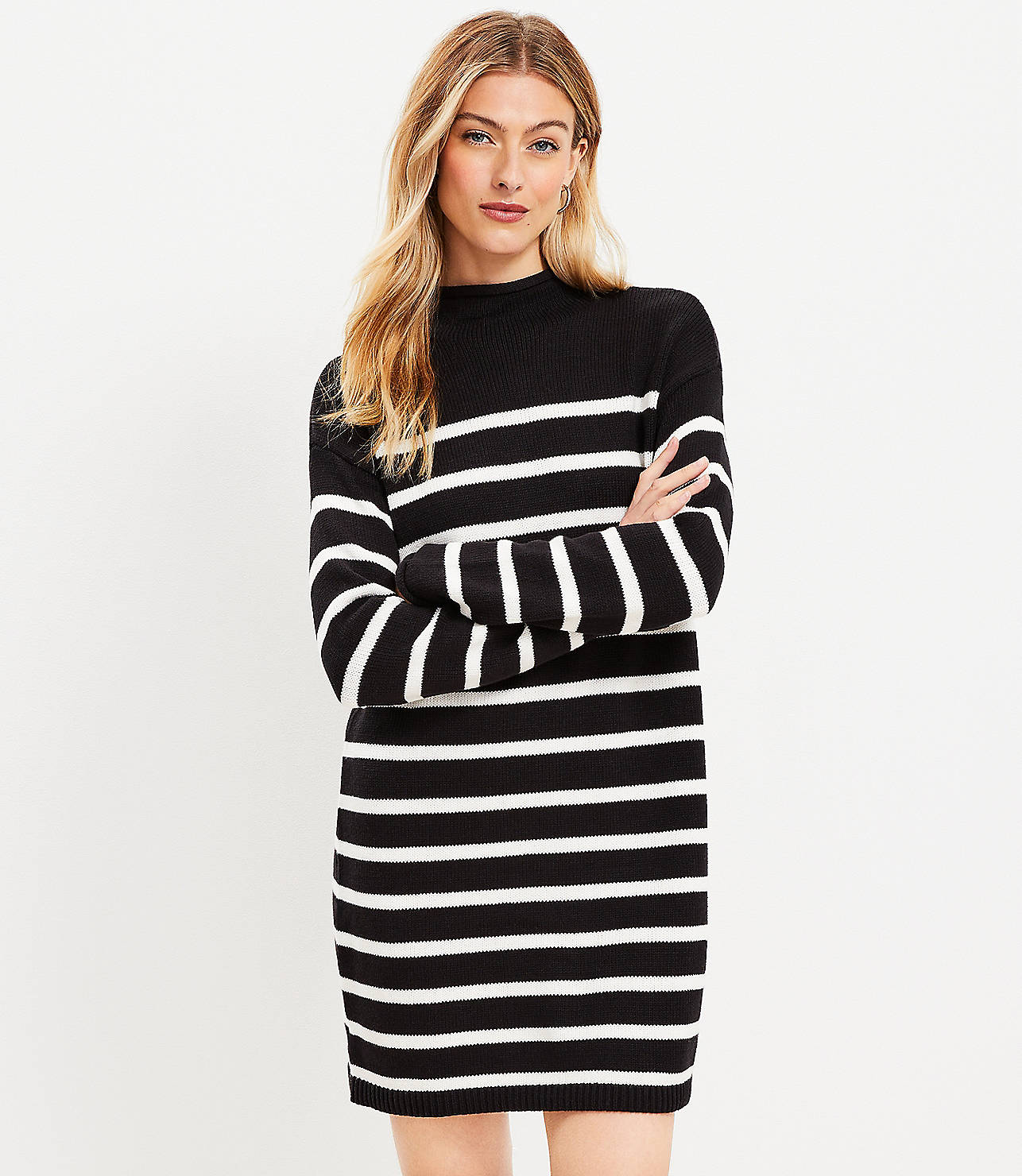 Petite Striped Drop Shoulder Mock Neck Sweater Dress