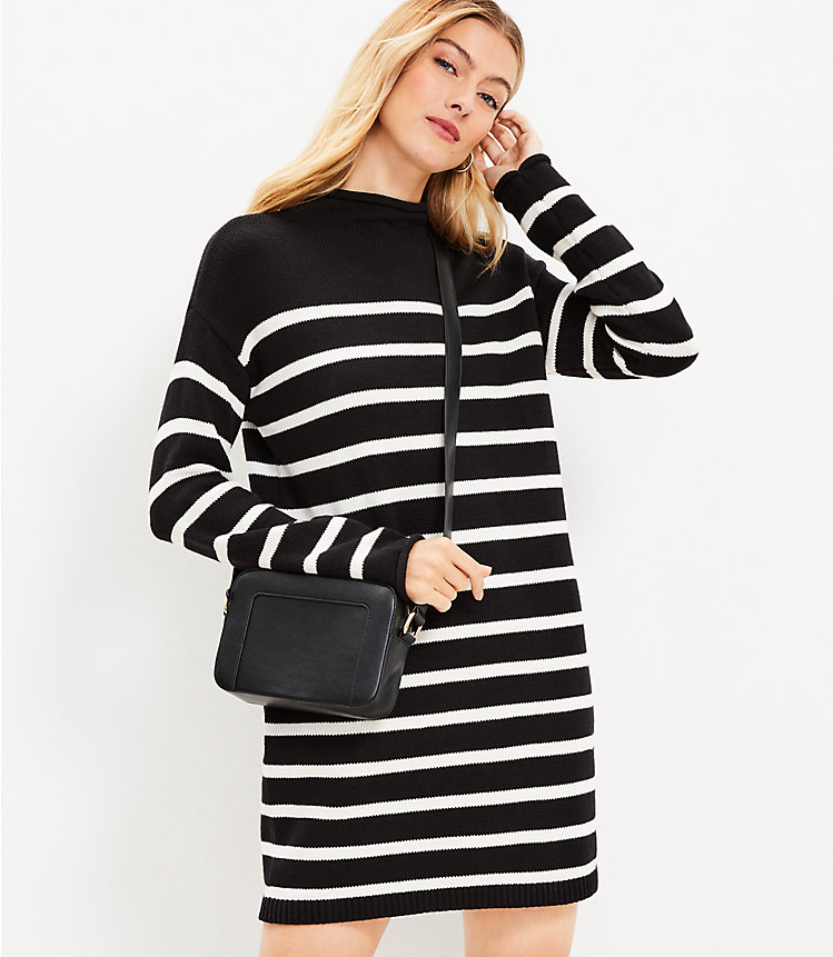 Petite Striped Drop Shoulder Mock Neck Sweater Dress image number 1