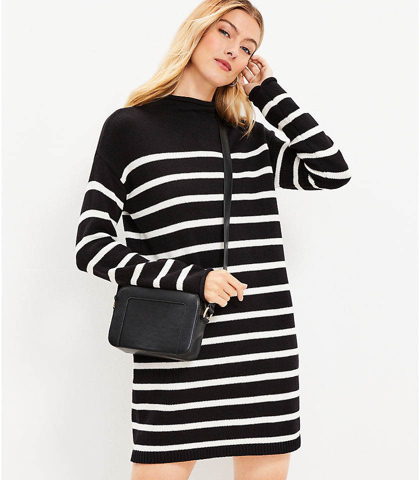 Petite Striped Drop Shoulder Mock Neck Sweater Dress