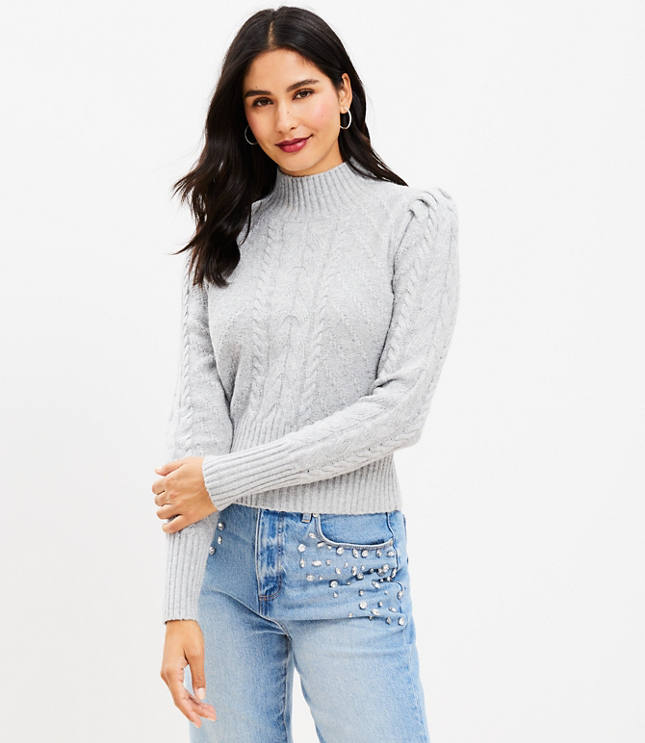 Puff Sleeve Turtleneck Cable Sweater