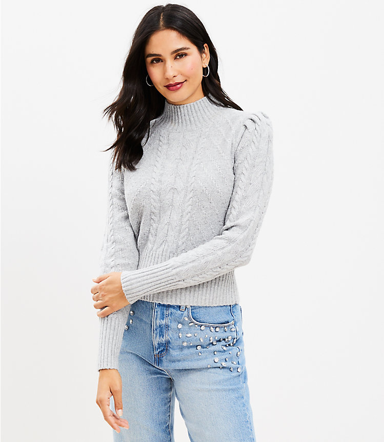 Puff Sleeve Turtleneck Cable Sweater image number null
