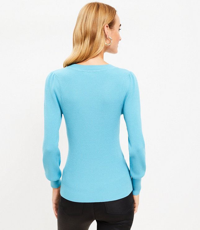 Petite Ribbed Puff Sleeve V-Neck Sweater