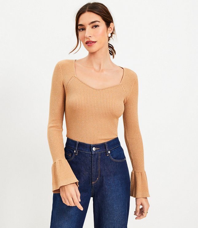 Petite Shimmer Ribbed Sweetheart Neck Flare Cuff Sweater