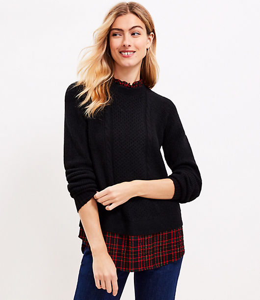 Loft Plaid Layered Mixed Media Cable Sweater