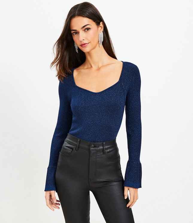 Shimmer Ribbed Sweetheart Neck Flare Cuff Sweater