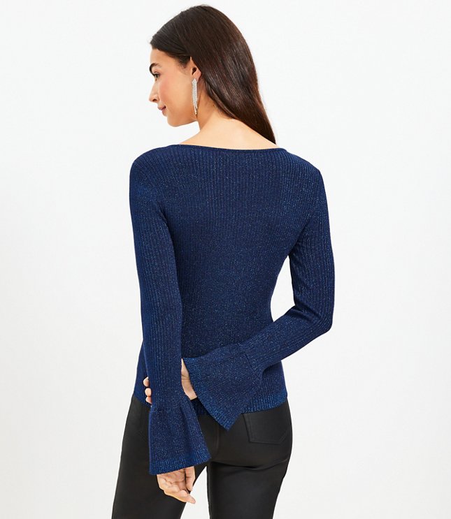 Shimmer Ribbed Sweetheart Neck Flare Cuff Sweater