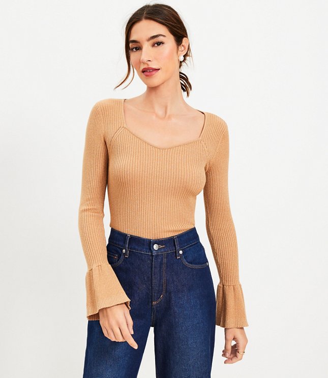 Shimmer Ribbed Sweetheart Neck Flare Cuff Sweater