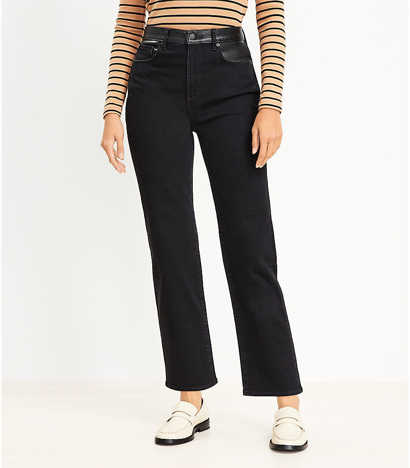 Faux Leather Trim High Rise Straight Jeans in Black