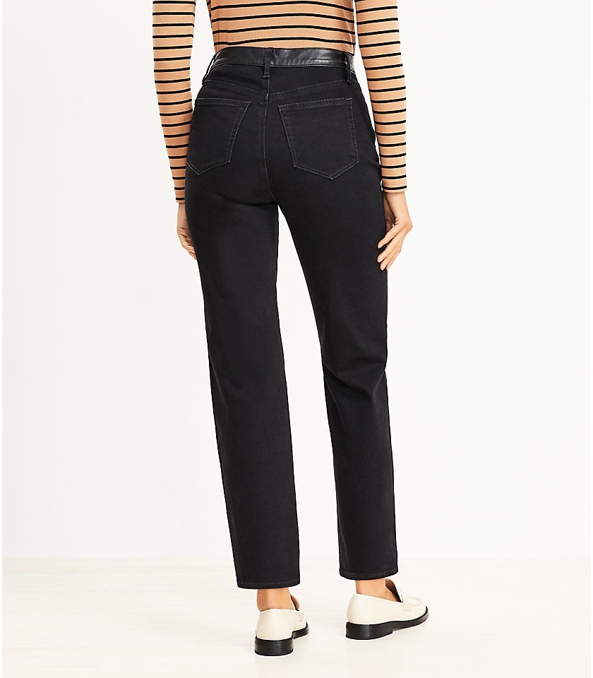 Faux Leather Trim High Rise Straight Jeans in Black