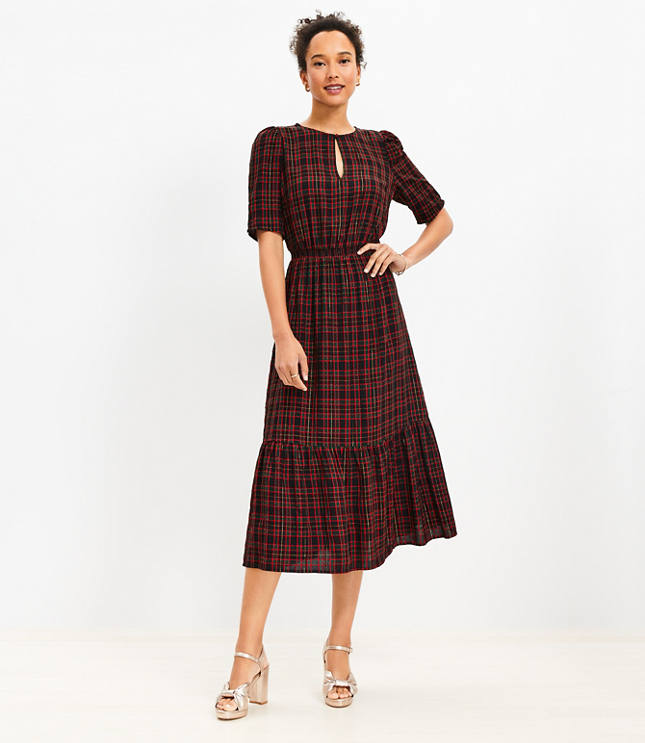 Shimmer Plaid Pleated Sleeve Flounce Midi Dress