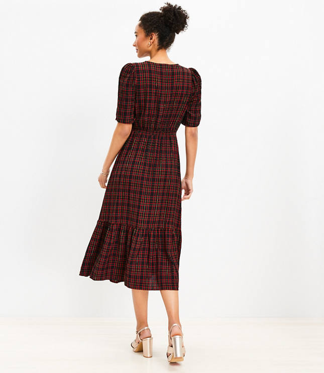 Shimmer Plaid Pleated Sleeve Flounce Midi Dress