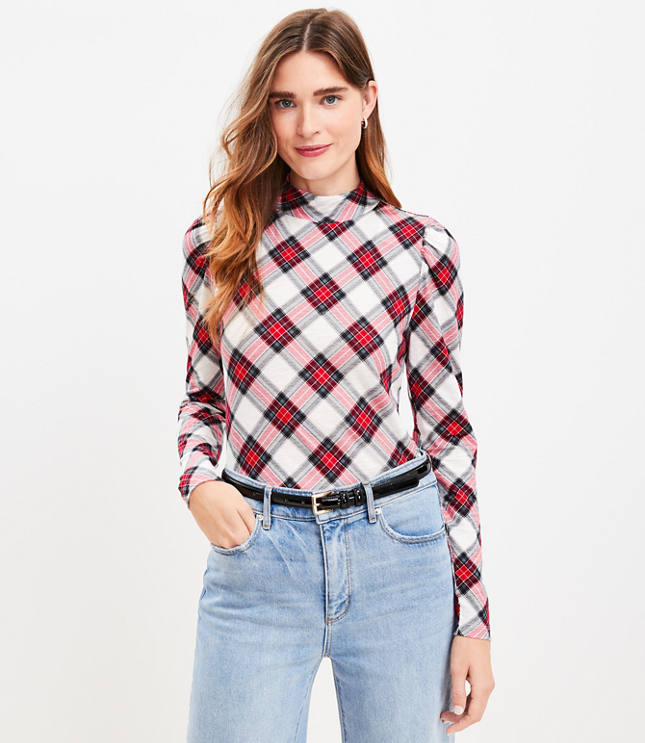 Plaid Puff Sleeve Mock Neck Top