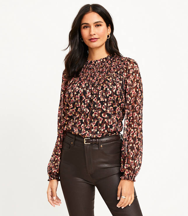 Shimmer Vine Pleated Yoke Blouse