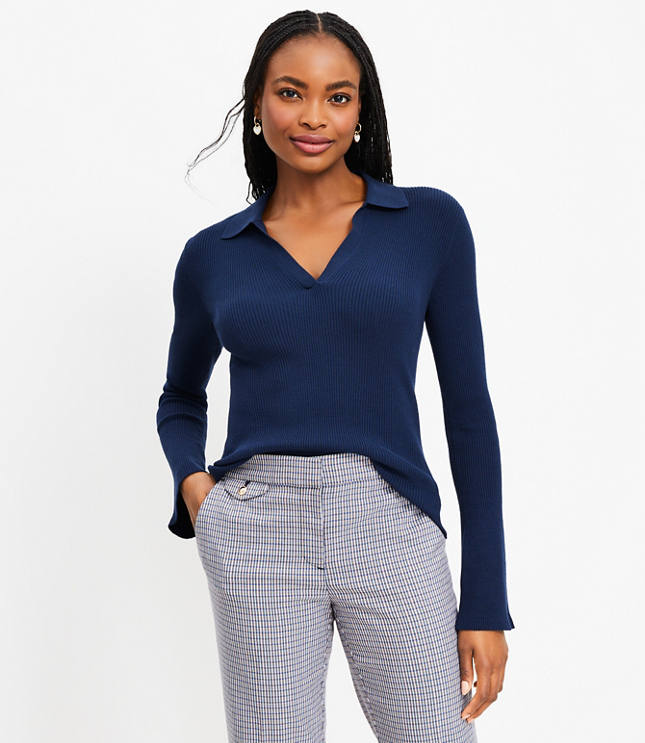 Ribbed Flare Sleeve Polo Sweater