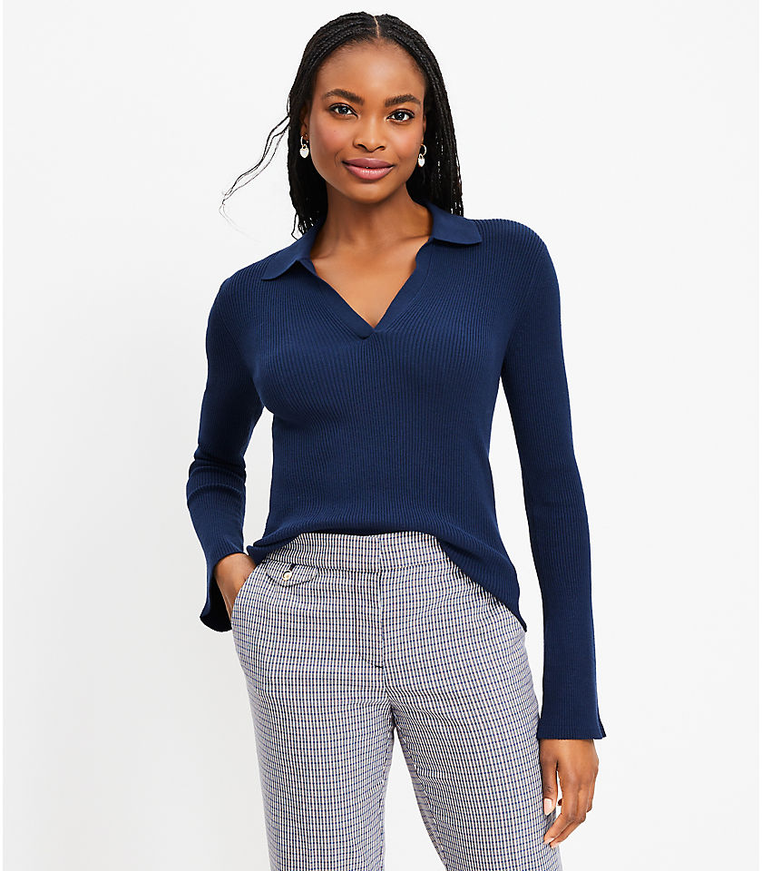 Ribbed Flare Sleeve Polo Sweater