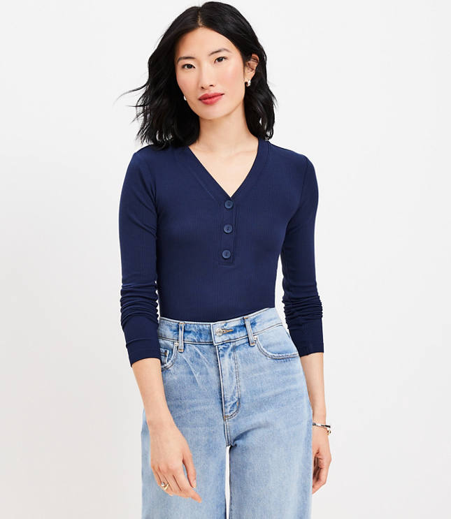 Ribbed V-Neck Henley Top