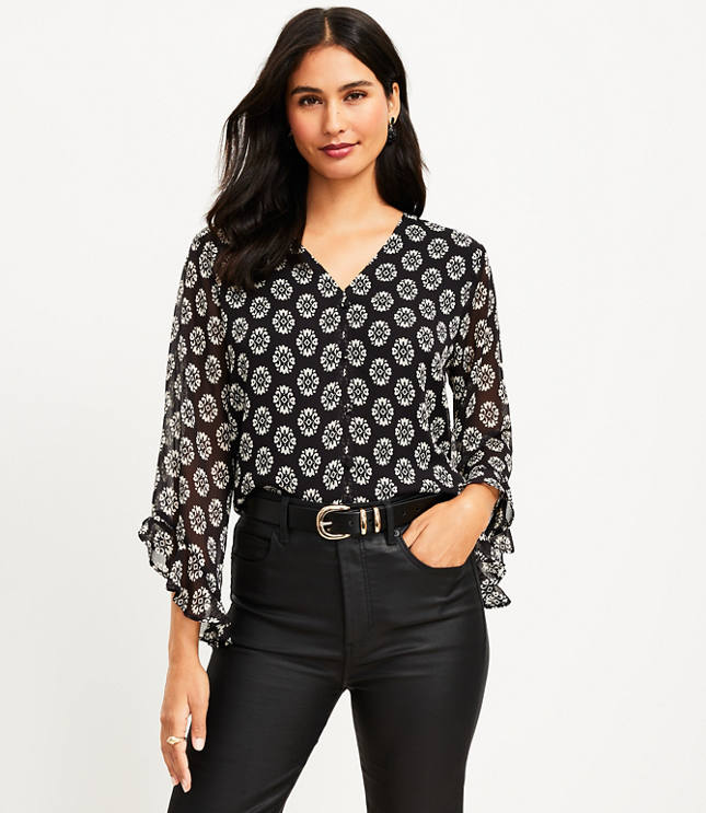 Women's Blouses Polka Dot V Neck Blouse Black and White L 