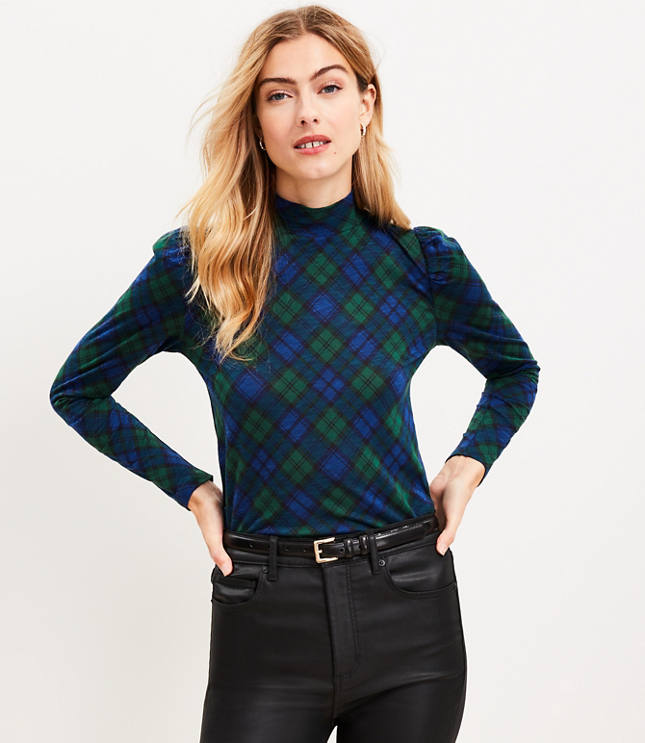 Plaid Puff Sleeve Mock Neck Top - Brushstroke Blue