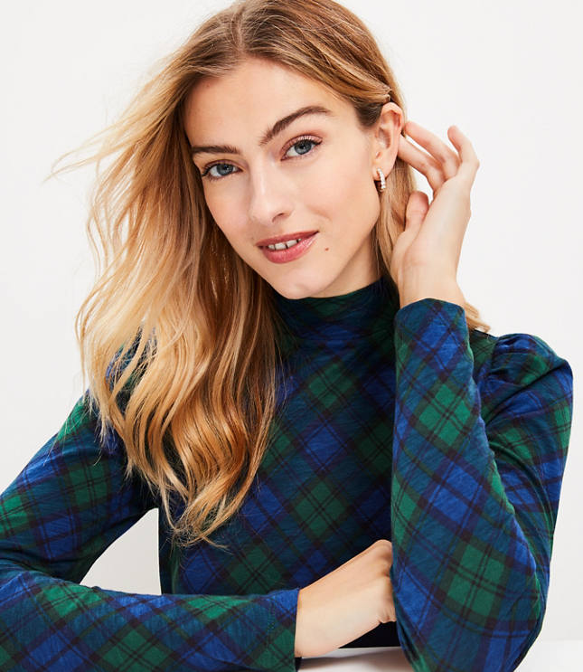 Plaid Puff Sleeve Mock Neck Top - Brushstroke Blue