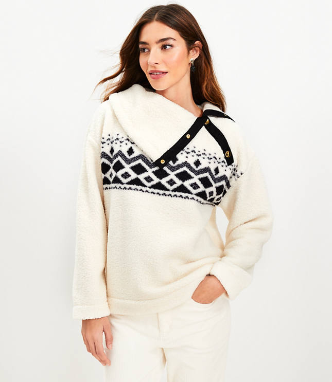 Fair Isle Cozy Sherpa Snap Collar Sweatshirt