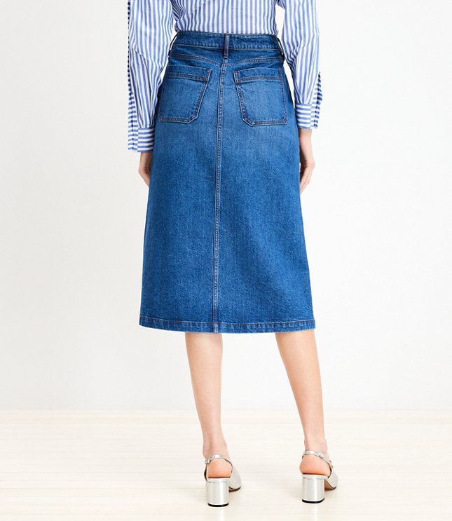 Denim Button Pocket Boot Skirt in Luxe Indigo Wash