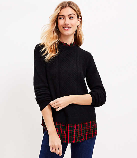 Petite Plaid Layered Mixed Media Cable Sweater