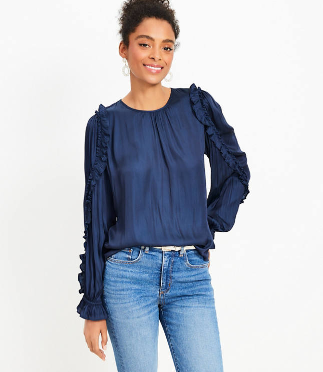 Navy ruffle sleeve top on sale