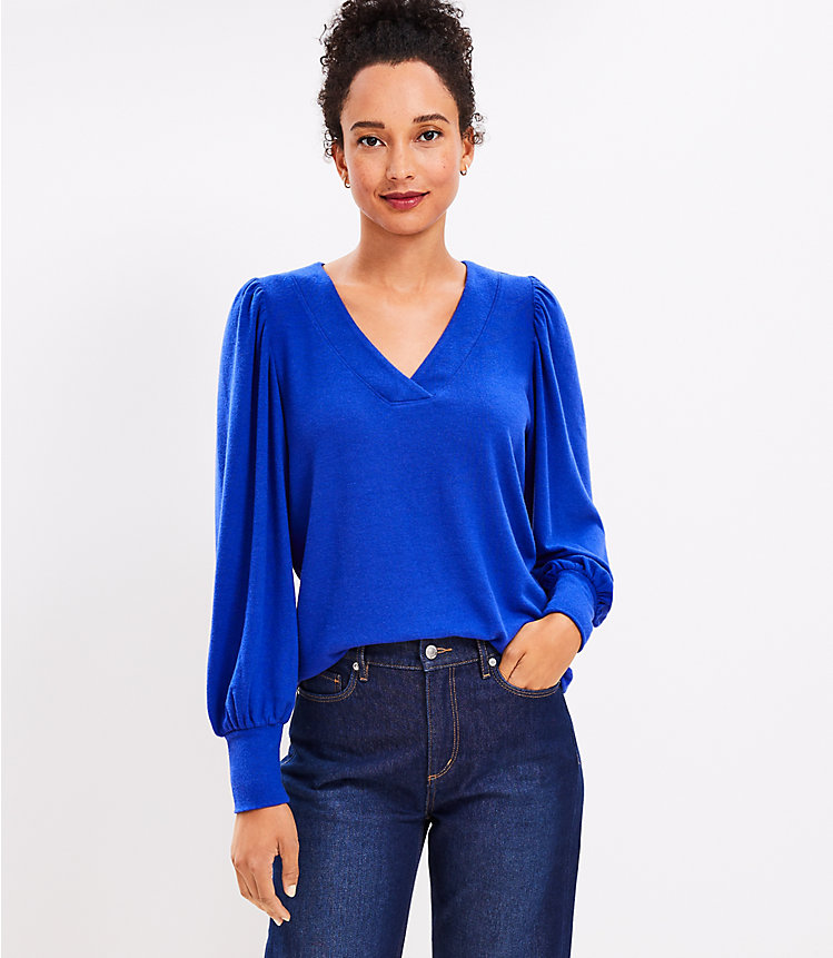 Petite Textured Cozy Puff Sleeve V-Neck Top image number null