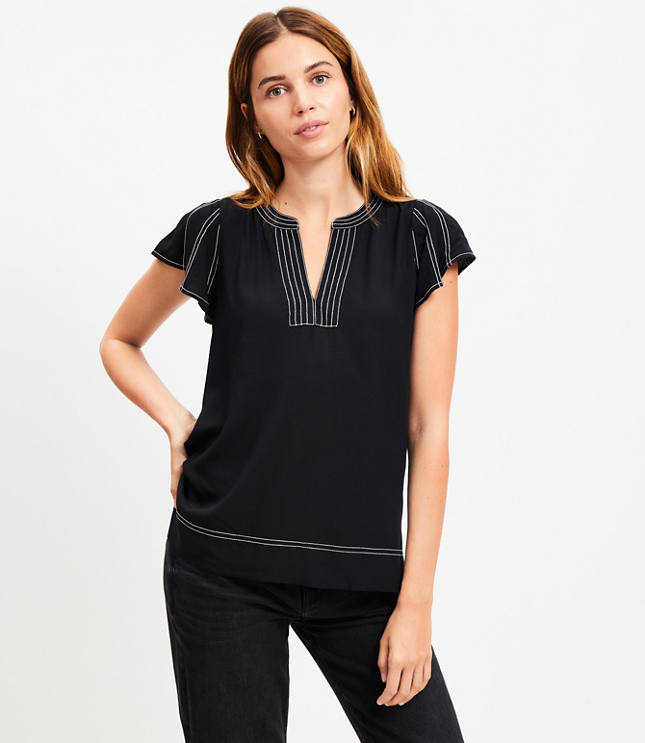 Stitched Flutter Sleeve Split Neck Top