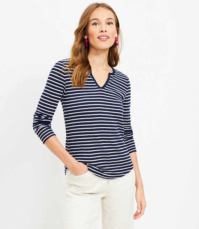 Striped Brushed Waffle Split Neck Tee