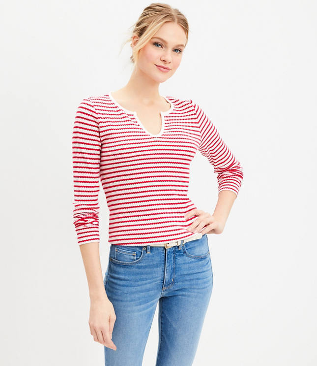 Striped Brushed Waffle Split Neck Tee