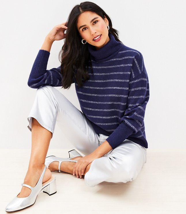 Petite Shimmer Stripe Turtleneck Sweater