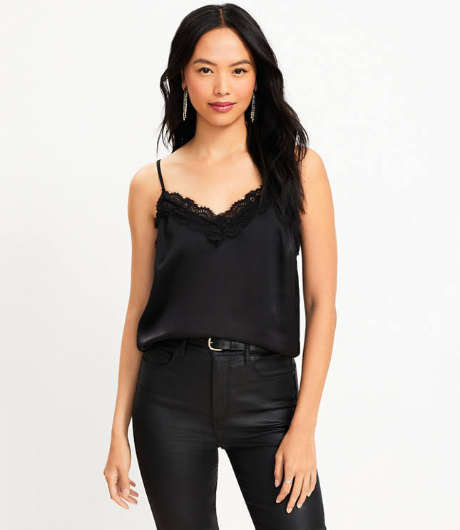 Seamless V-Neck Lace Cami- Black