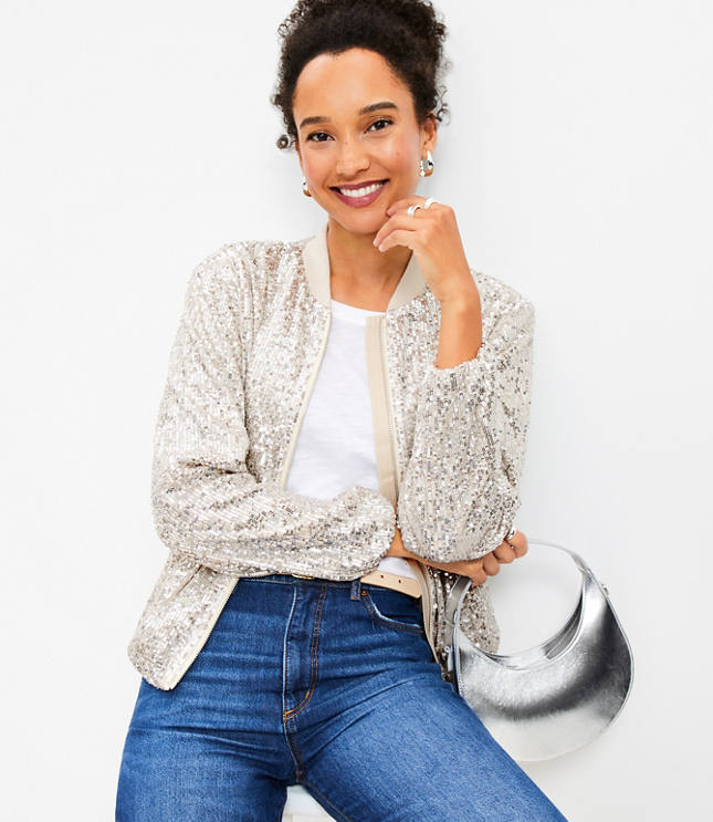 Sequin Blouson Sleeve Cropped Jacket