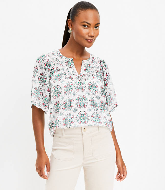 Petite Floral Shirred V-Neck Top