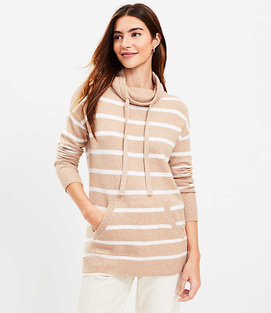 Striped Pocket Cowl Neck Tunic Sweater
