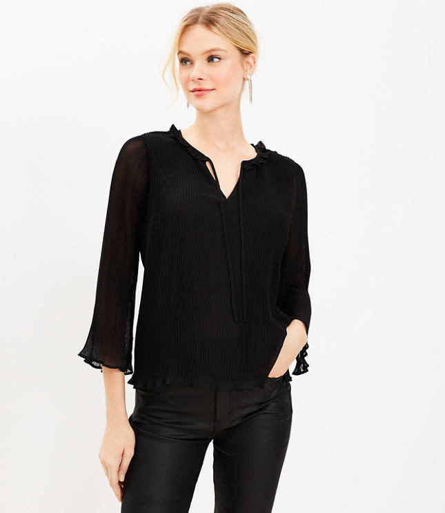 Petite Pleated Ruffle Tie Neck Blouse