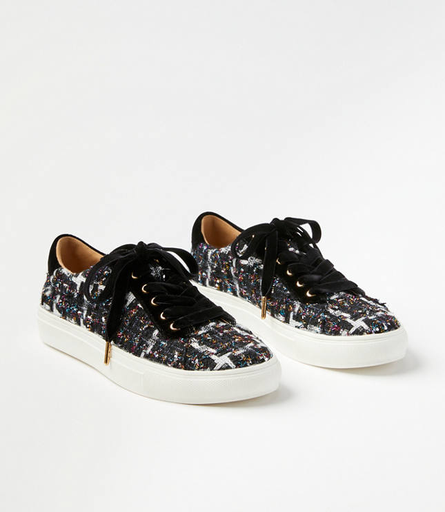 Metallic Tweed Velvet Trim Lace Up Sneakers