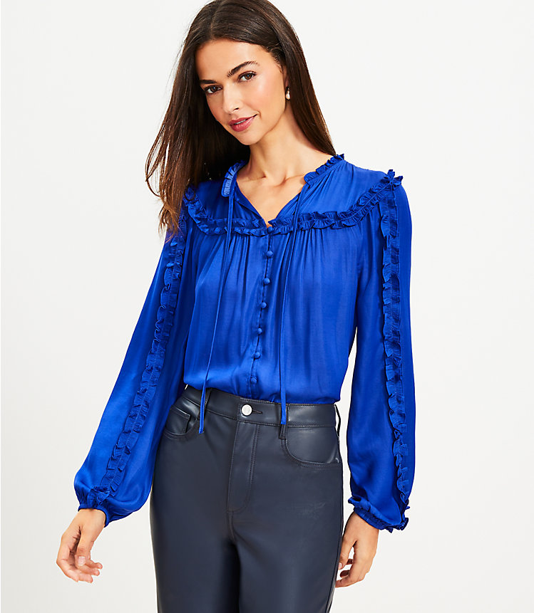 Petite Ruffle Tie Neck Button Blouse image number null