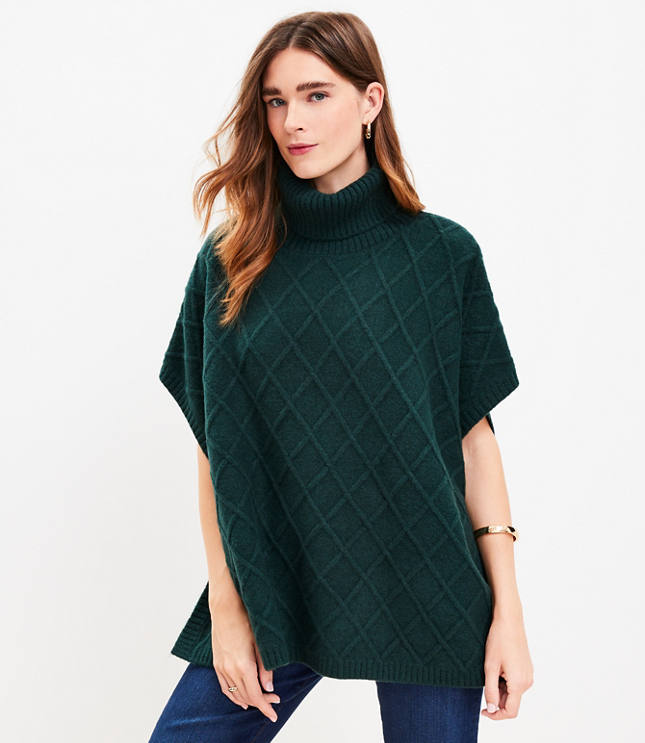 Lattice Cable Turtleneck Poncho - Deep Tropic Green