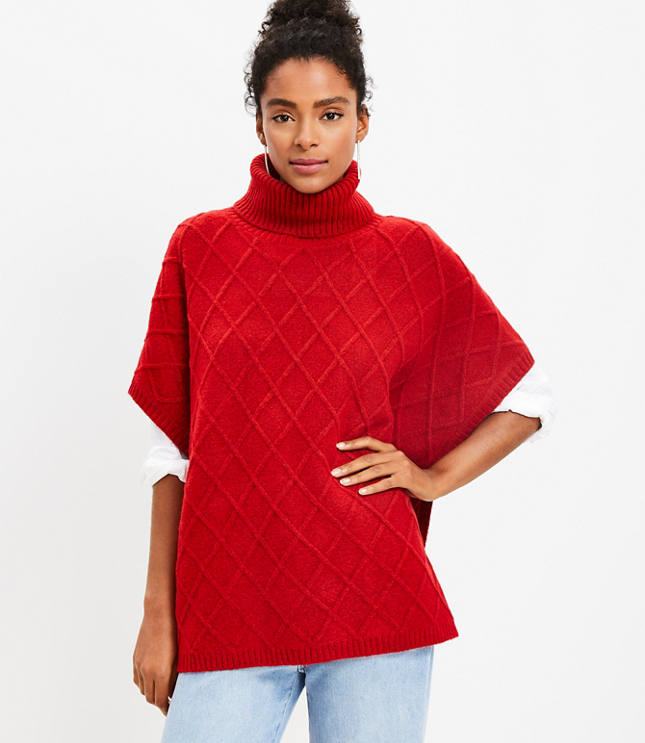 Lattice Cable Turtleneck Poncho - Tango Red