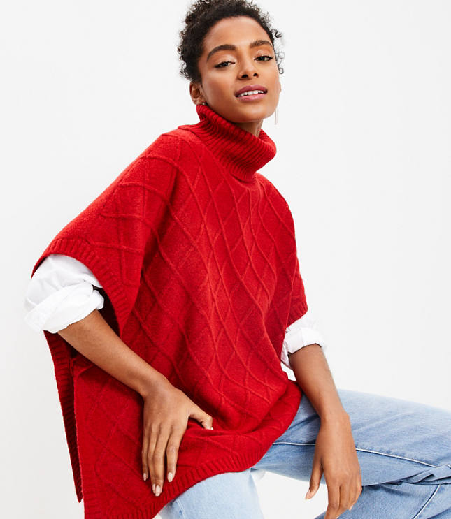 Lattice Cable Turtleneck Poncho - Tango Red