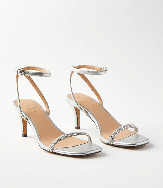 Silver Curly Diamante Ankle Strap Sandals