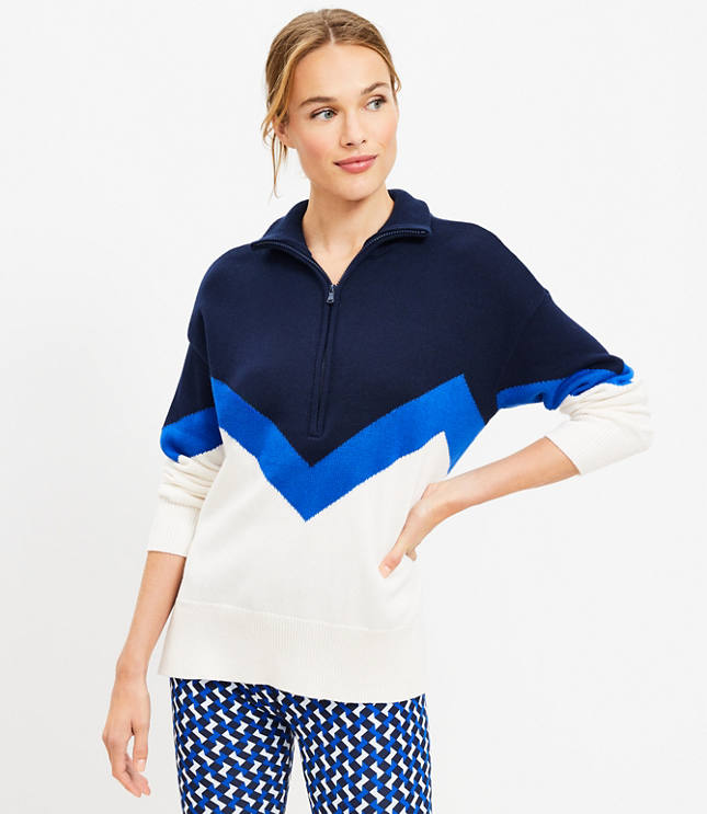 Petite Lou & Grey Striped Varsity Letter Half Zip Sweater - Deep Space Blue